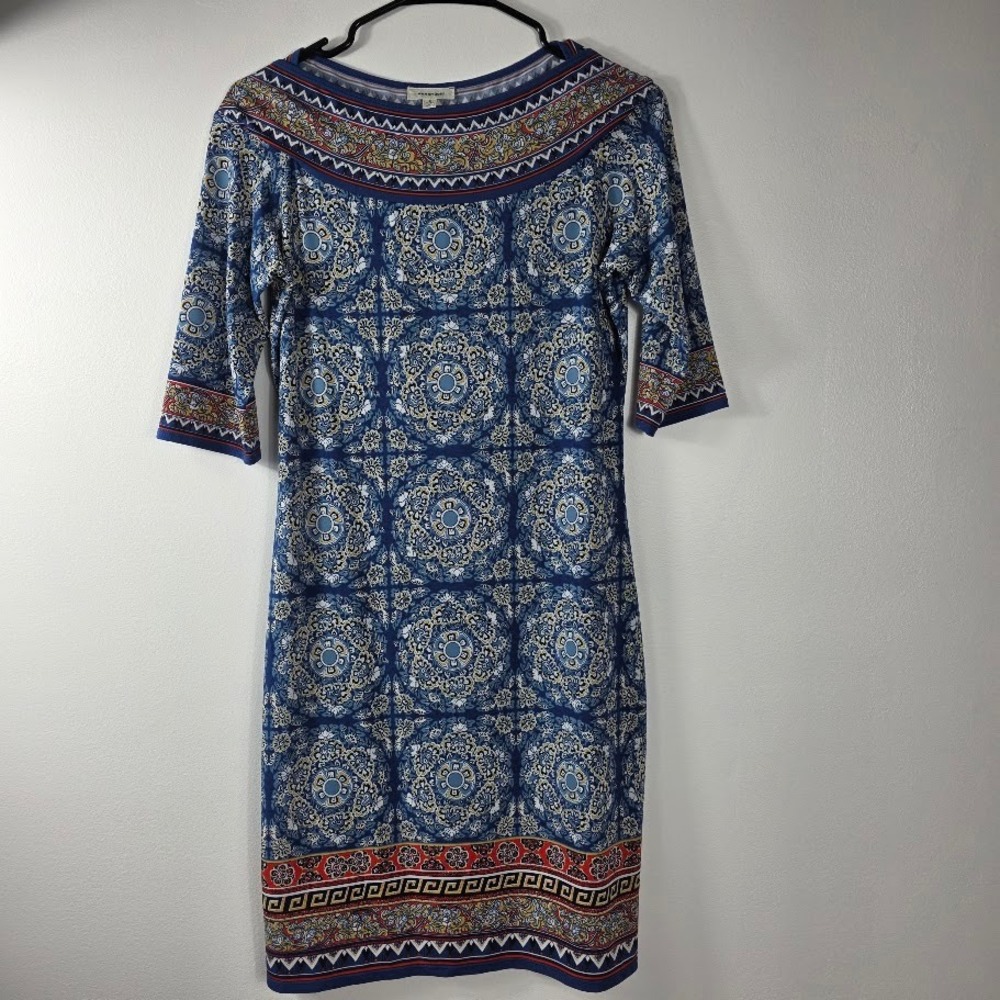 Max Studio Blue Medallion Print Boat‎ Neck 3/4 Sleeve Knee Length Dress